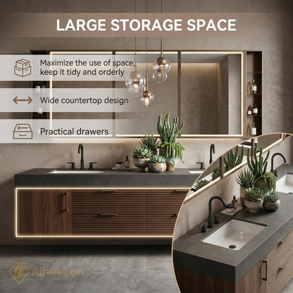 72''-96'' Double Bathroom Vanity with Sink Dark Modern Floating Stone-Top