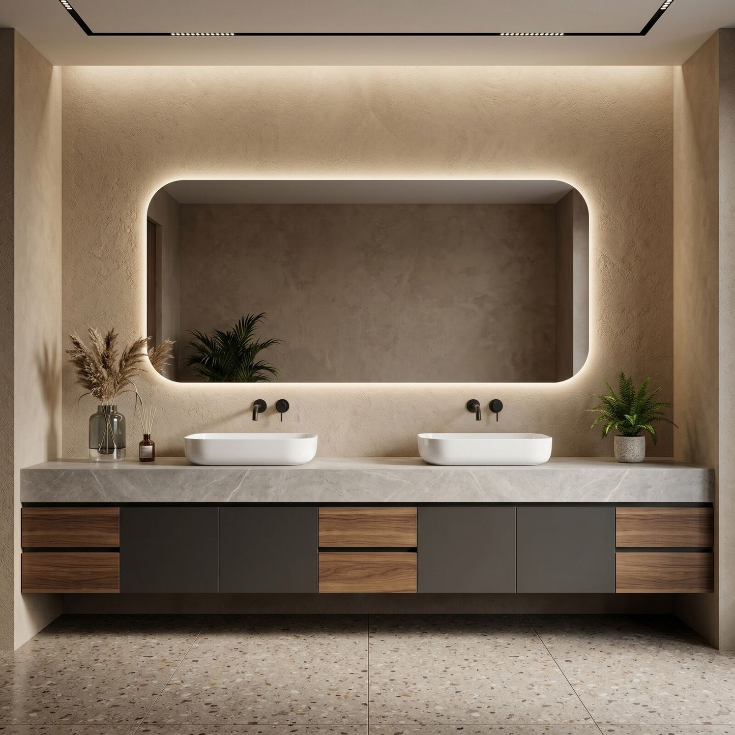 70''-96'' Modern Bathroom Vanity with Sink Double Sink Split Panels Natural Wood Finish