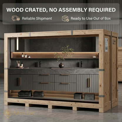76''-96'' Double Bathroom Vanity with Sink Vertical Slatted Door Panels Dark Grey