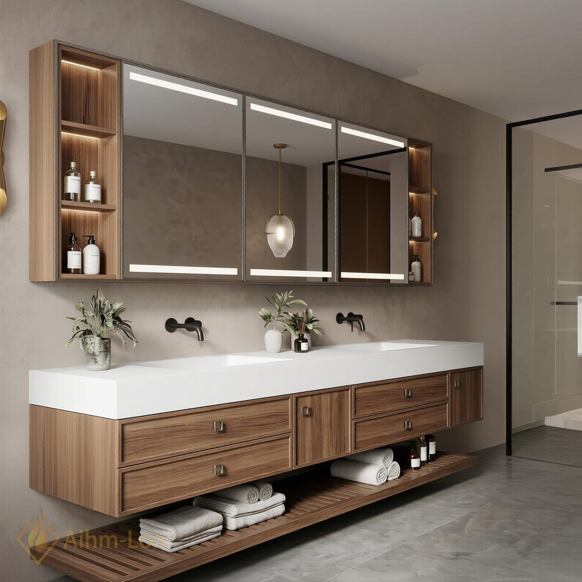 60''-96'' Double Bathroom Vanity with Sink Modern Floating Warm Wood Finish Open