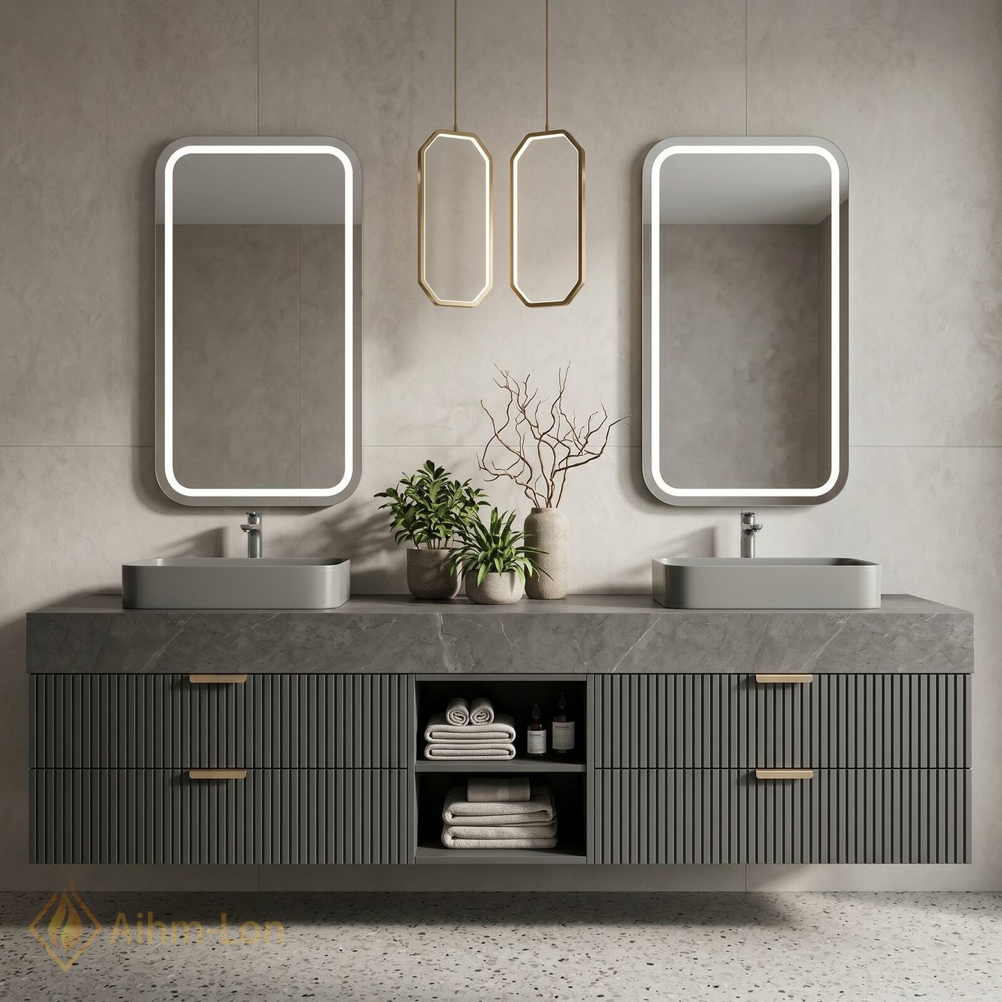 60''-96'' Double Bathroom Vanity with Sink Floating Open-Shelving Basin Gray Stone Slab