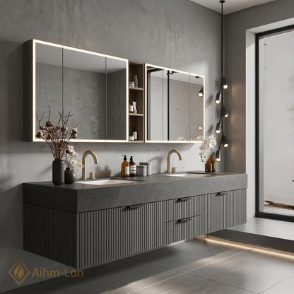 60''-96'' Double Bathroom Vanity with Sink Modern Stone Top Slatted Mirror Storage