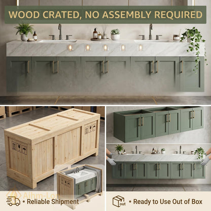 78''-96'' Double Bathroom Vanity with Sink Sage Green Modern Floating Panels Marble
