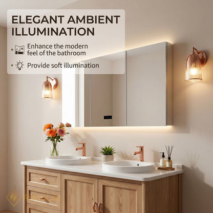 60''-96'' Modern Bathroom Vanity with Sink Light Wood Grain Vessel Sinks Anti-Fog Mirror