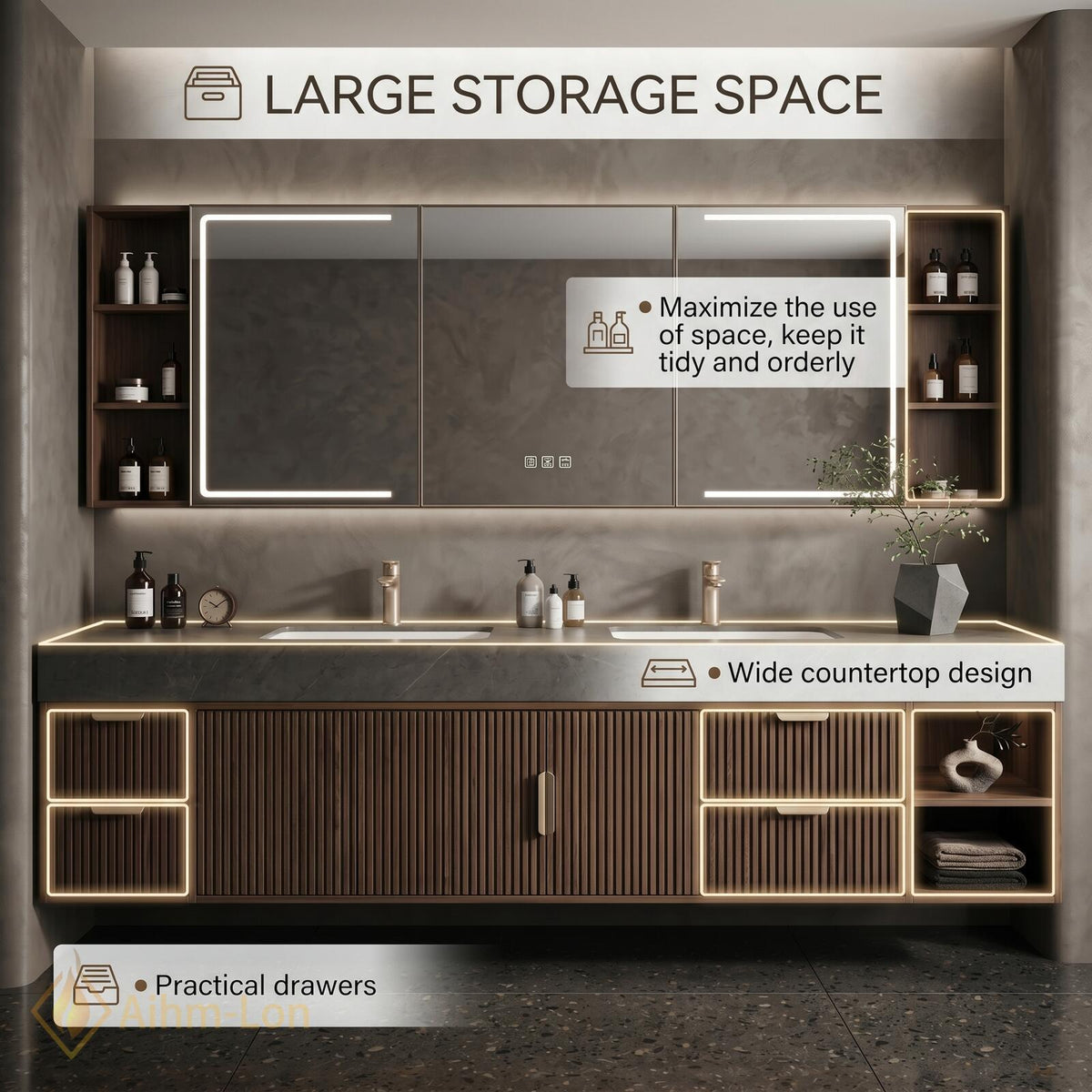 60''-96'' Double Bathroom Vanity with Sink Modern Wall-Mounted Dark Walnut Slatted Panel