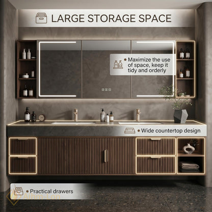 60''-96'' Double Bathroom Vanity with Sink Modern Wall-Mounted Dark Walnut Slatted Panel