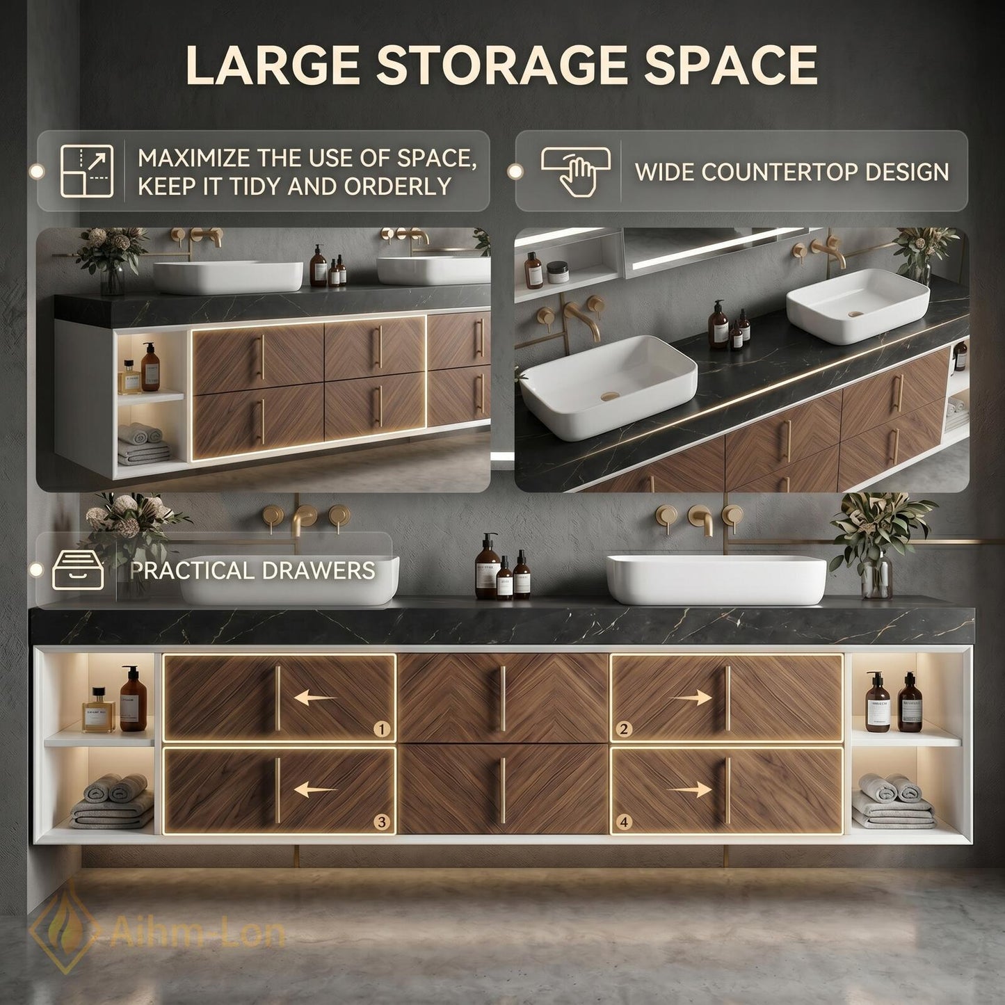 68''-96'' Double Bathroom Vanity with Sink Modern Floating Dark Stone Top Chevron