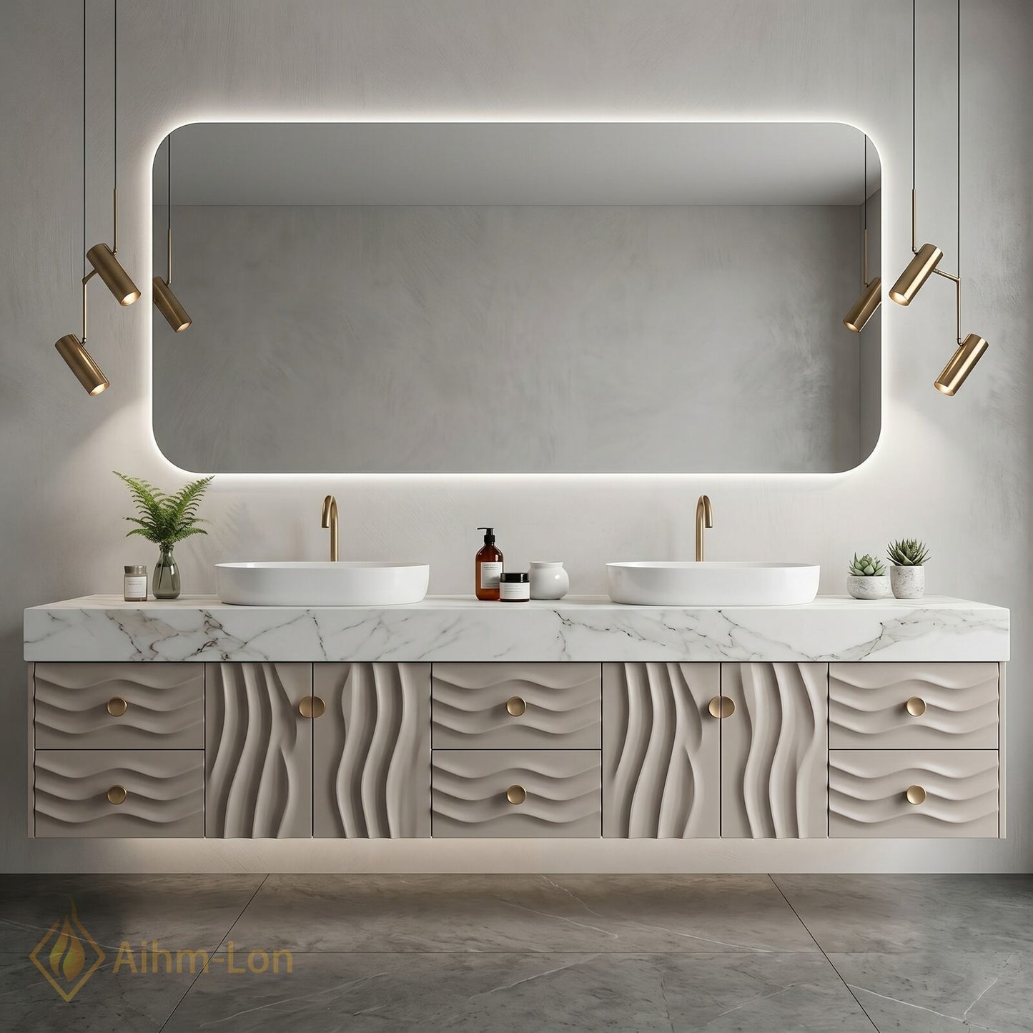 70''-96'' Double Bathroom Vanity with Sink Floating Wave Carve Marble Top Storage