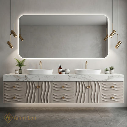 70''-96'' Double Bathroom Vanity with Sink Floating Wave Carve Marble Top Storage