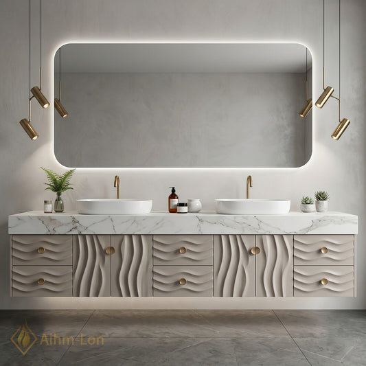 70''-96'' Double Bathroom Vanity with Sink Floating Wave Carve Marble Top Storage