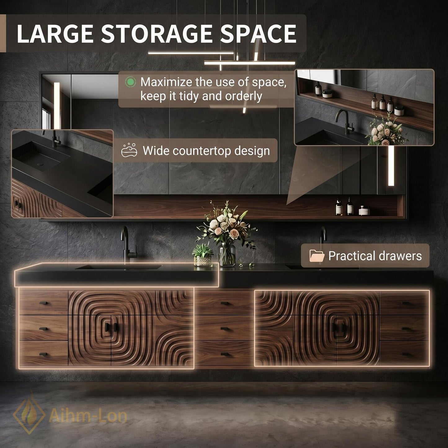 78''-96'' Double Bathroom Vanity with Sink Modern Floating Carved Relief Pattern Wood