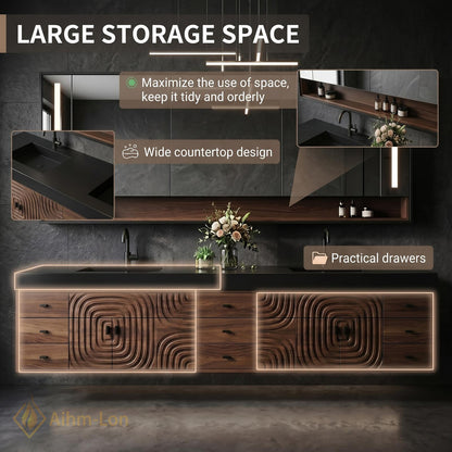 78''-96'' Double Bathroom Vanity with Sink Modern Floating Carved Relief Pattern Wood