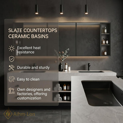60''-96'' Double Bathroom Vanity with Sink Textured Stone Top Matte Grey Doors