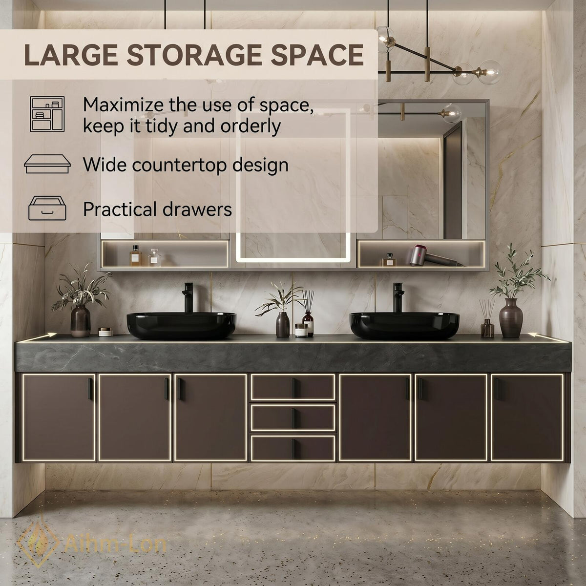 60''-96'' Double Bathroom Vanity with Sink Dark Slate Textured Stone Drawer Storage