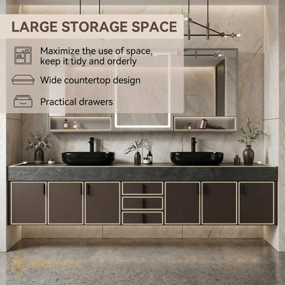 60''-96'' Double Bathroom Vanity with Sink Dark Slate Textured Stone Drawer Storage