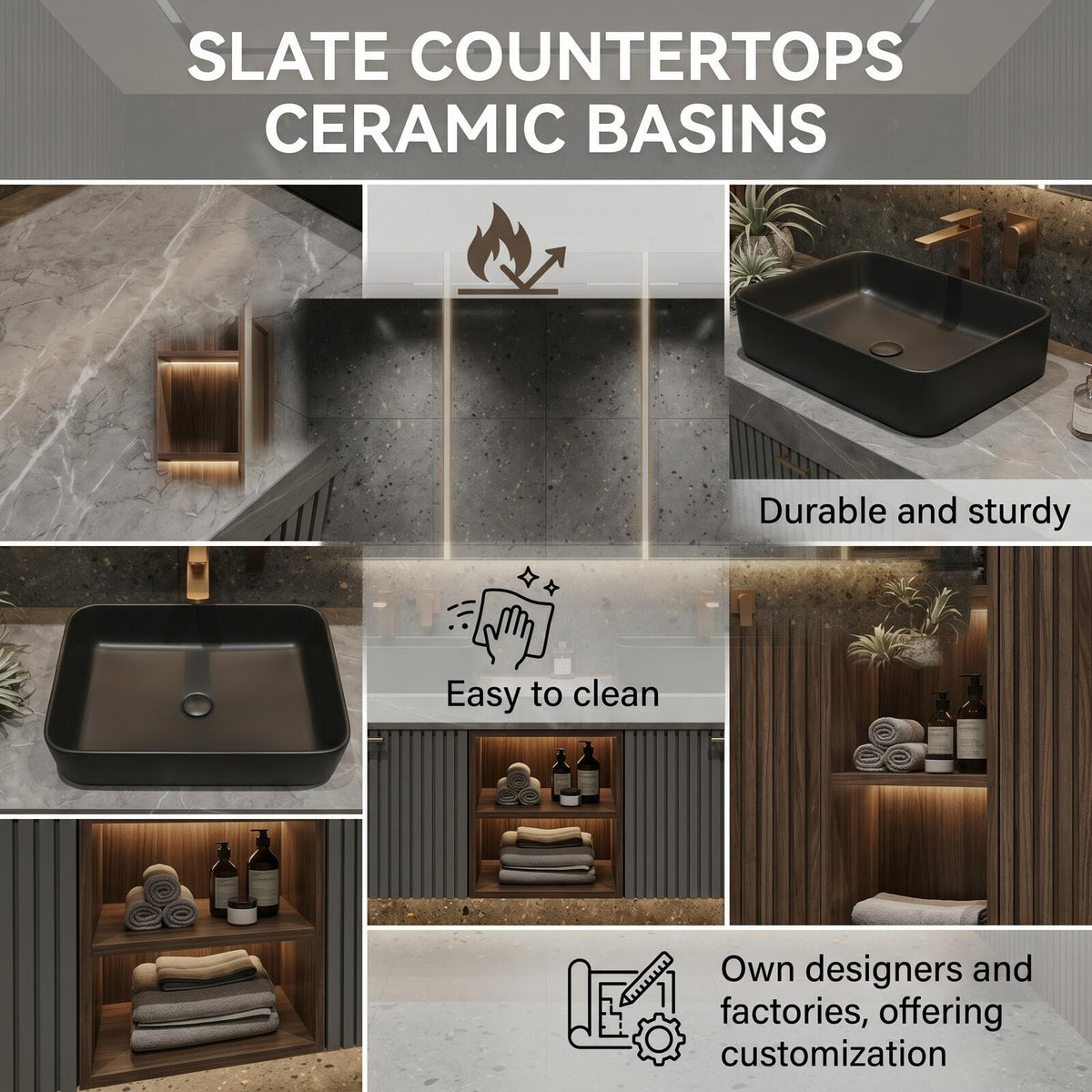 60''-96'' Double Bathroom Vanity with Sink Modern Floating Dark Slatted Speckled Stone Top