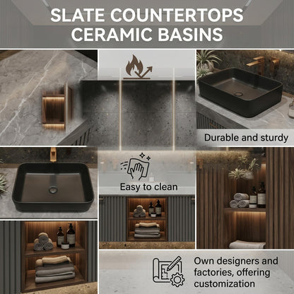 60''-96'' Double Bathroom Vanity with Sink Modern Floating Dark Slatted Speckled Stone Top