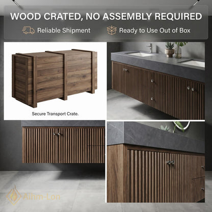 60''-96'' Double Bathroom Vanity with Sink Dark-Wood Modern Floating Fluted Panels