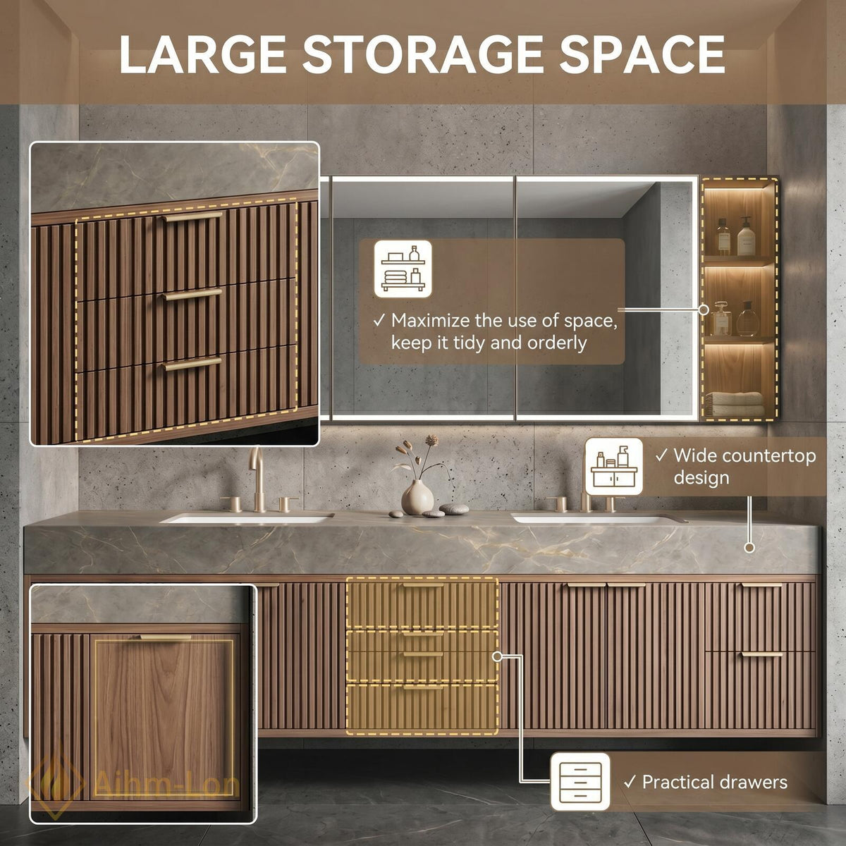 60''-96'' Bathroom Vanity with Sink Modern Floating Grey Stone Top Ribbed Slats