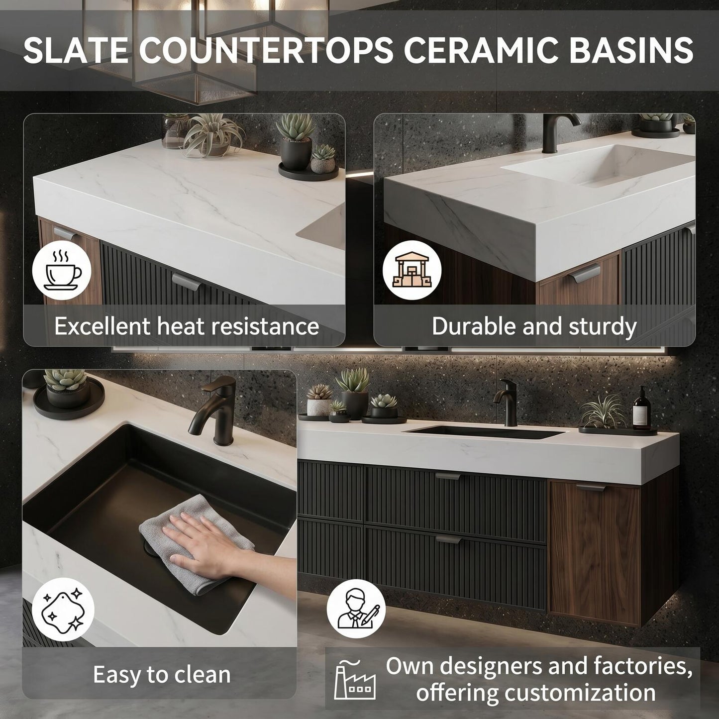 70''-96'' Modern Bathroom Vanity with Sink Floating Ribbed Drawers Wide Top Cabinet