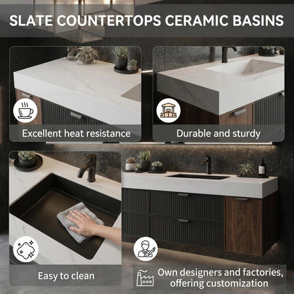 70''-96'' Modern Bathroom Vanity with Sink Floating Ribbed Drawers Wide Top Cabinet