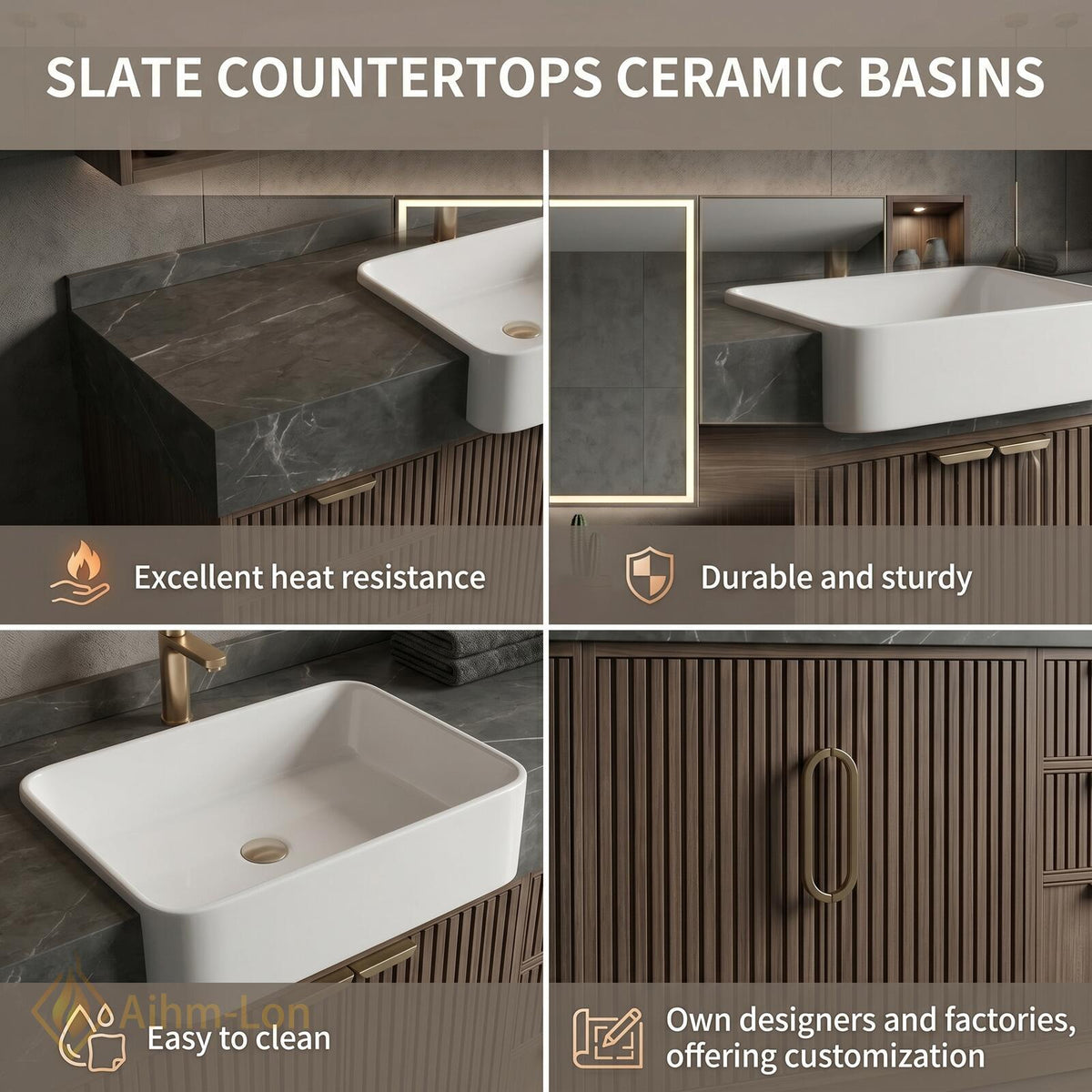 60''-96'' Double Bathroom Vanity with Sink Dark Gray Stone Fluted Front Panels
