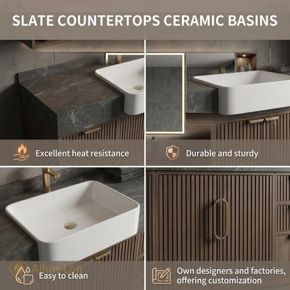 60''-96'' Double Bathroom Vanity with Sink Dark Gray Stone Fluted Front Panels