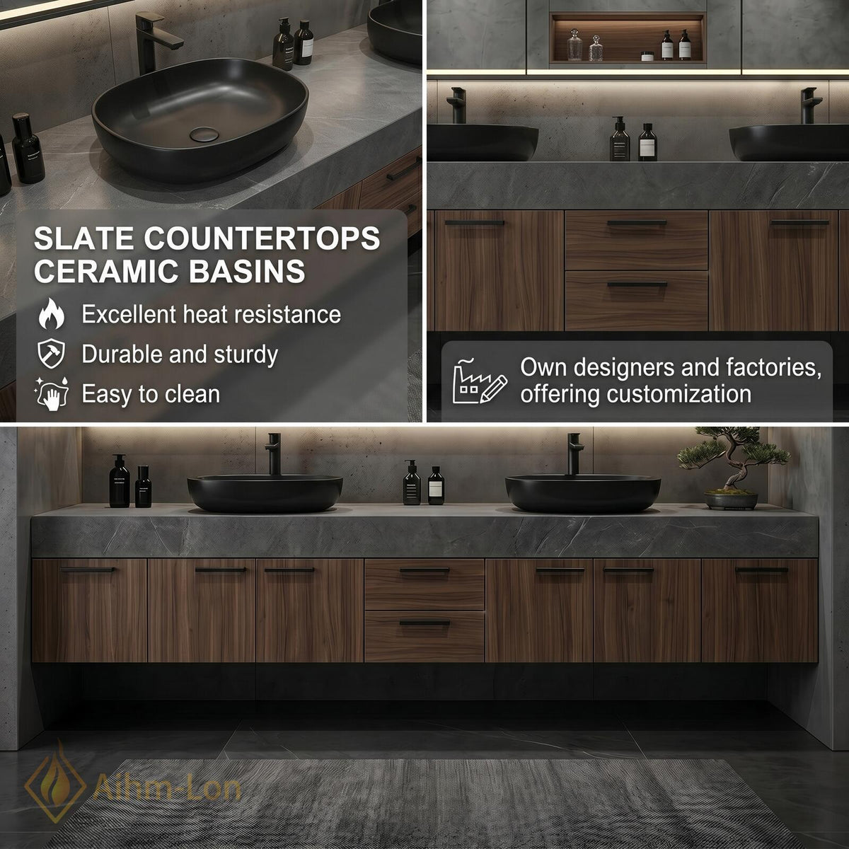 60''-96'' Double Bathroom Vanity with Sink Floating Dark Walnut Finish Mirror Cabinet