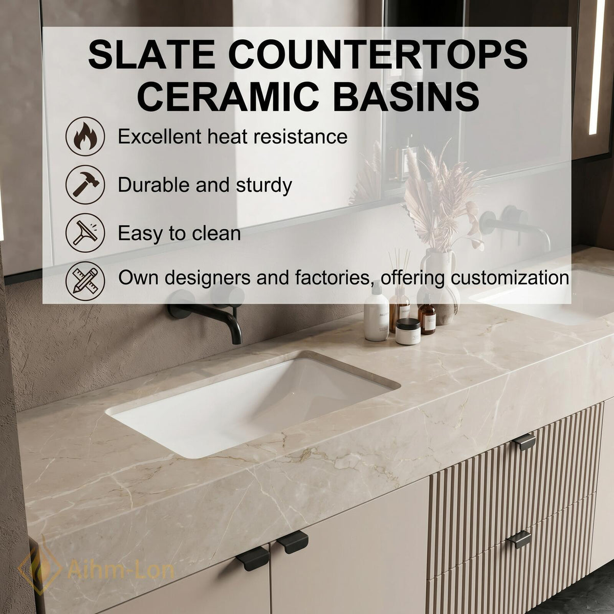 60''-96'' Bathroom Vanity with Sink Floating Double Ribbed Drawers Stone Textured Finish