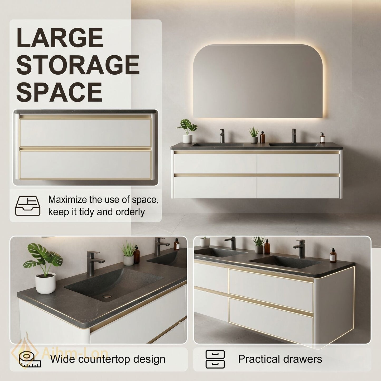 60''-96'' Modern Bathroom Vanity with Sink Double Sink Dark Stone Storage Drawer