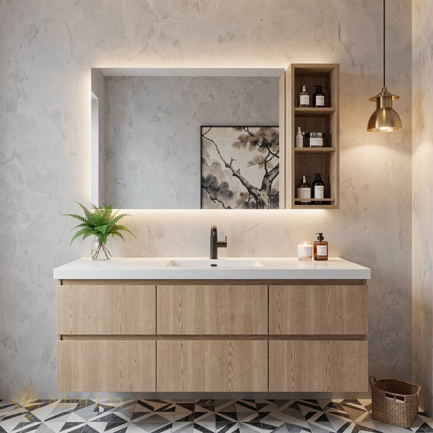 48''-64'' Modern Bathroom Vanity with Sink White Stone Wood Grain Side Shelving