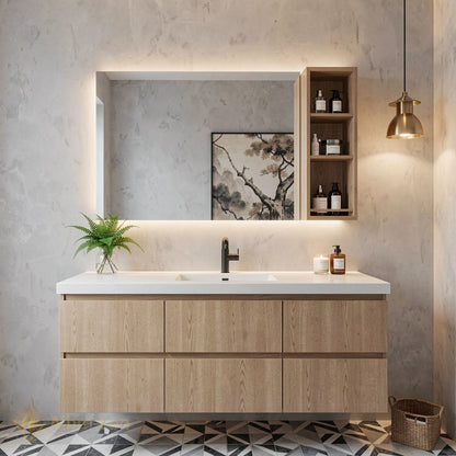 48''-64'' Modern Bathroom Vanity with Sink White Stone Wood Grain Side Shelving