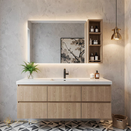 48''-64'' Modern Bathroom Vanity with Sink White Stone Wood Grain Side Shelving