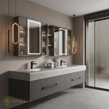 60''-96'' Double Bathroom Vanity with Sink Modern Floating Neutral Gray Finish Slatted