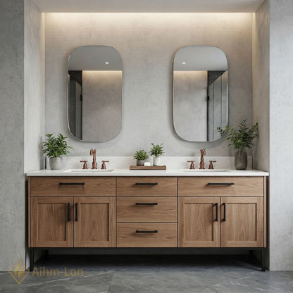 70''-96'' Modern Bathroom Vanity with Sink Floating Wood-Grain White Marble Black Handles
