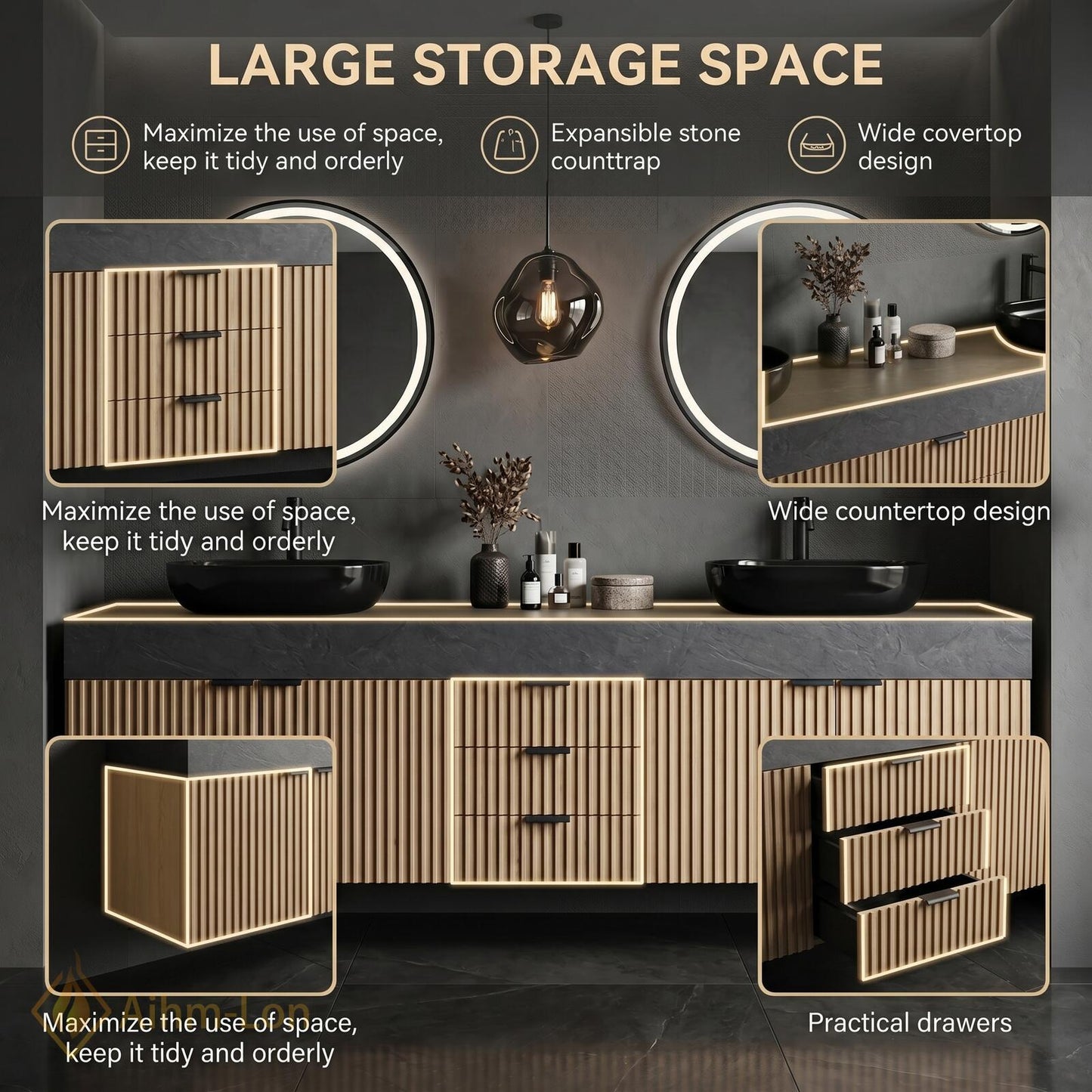 60''-96'' Double Bathroom Vanity with Sink Natural-Wood Modern Slatted-Panel Grain