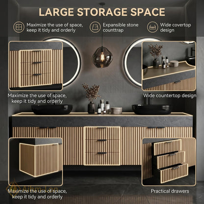 60''-96'' Double Bathroom Vanity with Sink Natural-Wood Modern Slatted-Panel Grain
