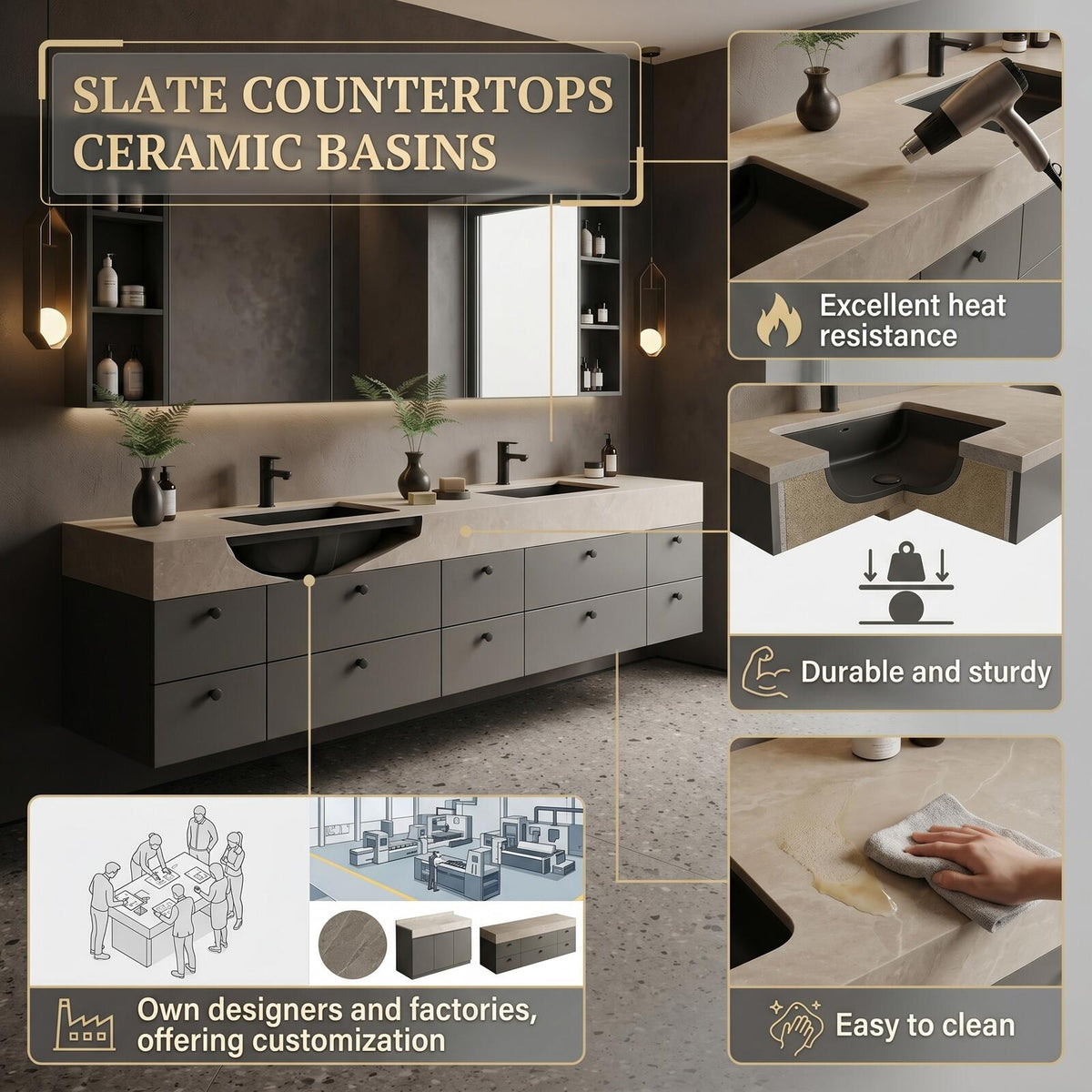 60''-96'' Double Bathroom Vanity with Sink Floating Matte Charcoal Stone-Effect Extensive Drawers