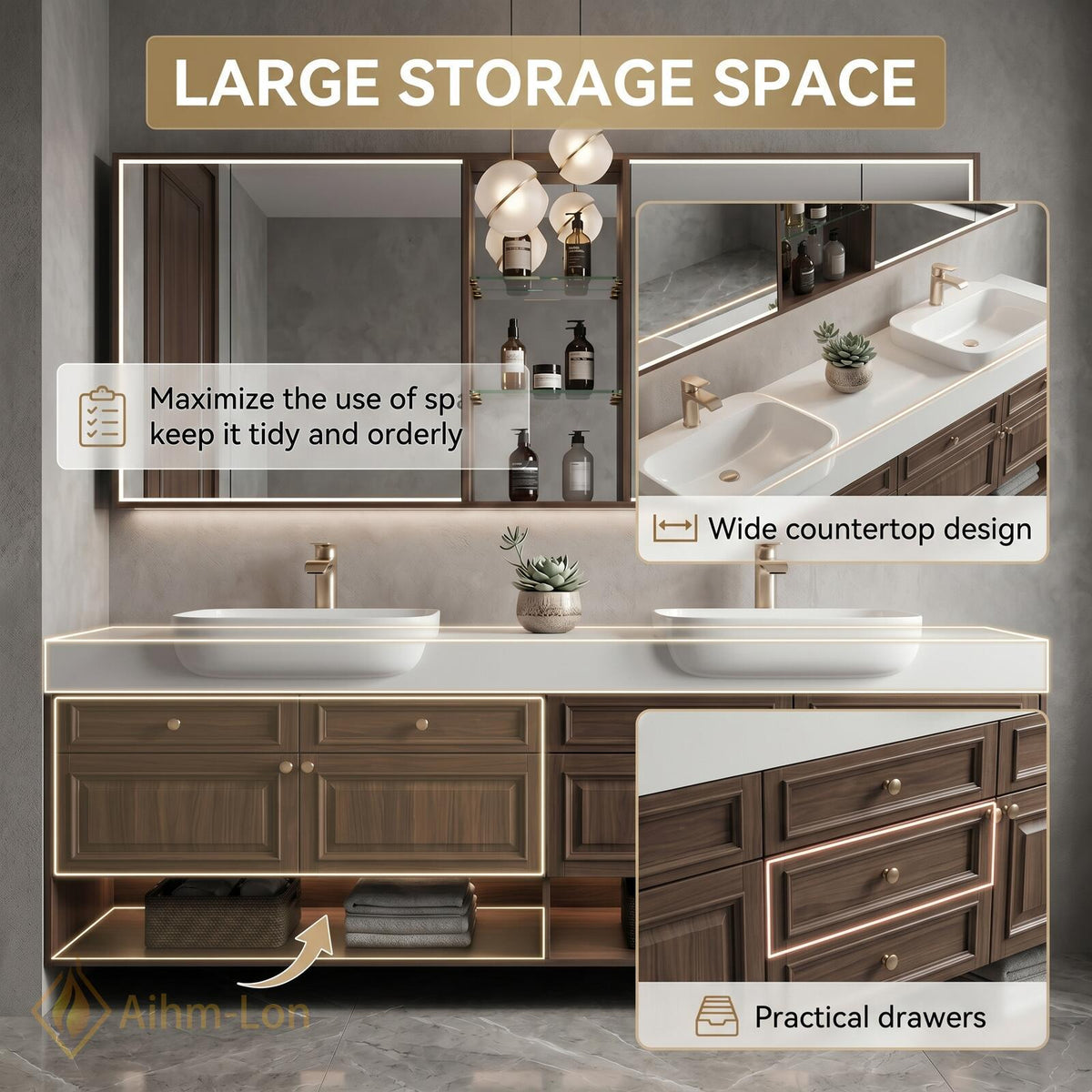 60''-96'' Double Bathroom Vanity with Sink Modern Dark Walnut Slatted Center Panel