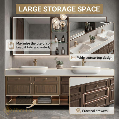 60''-96'' Double Bathroom Vanity with Sink Modern Dark Walnut Slatted Center Panel
