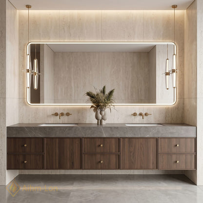 60''-96'' Double Bathroom Vanity with Sink Dark Walnut Slatted Center Deep Drawers