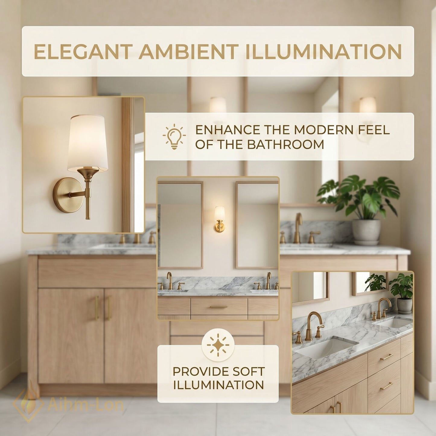 70''-96'' Modern Bathroom Vanity with Sink Light Wood Marble Brass Multi-Drawer Cabinet