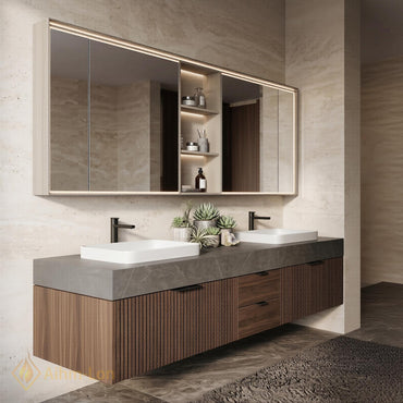 60''-96'' Modern Floating Bathroom Vanity with Sink Dark Walnut Slatted Center Panel