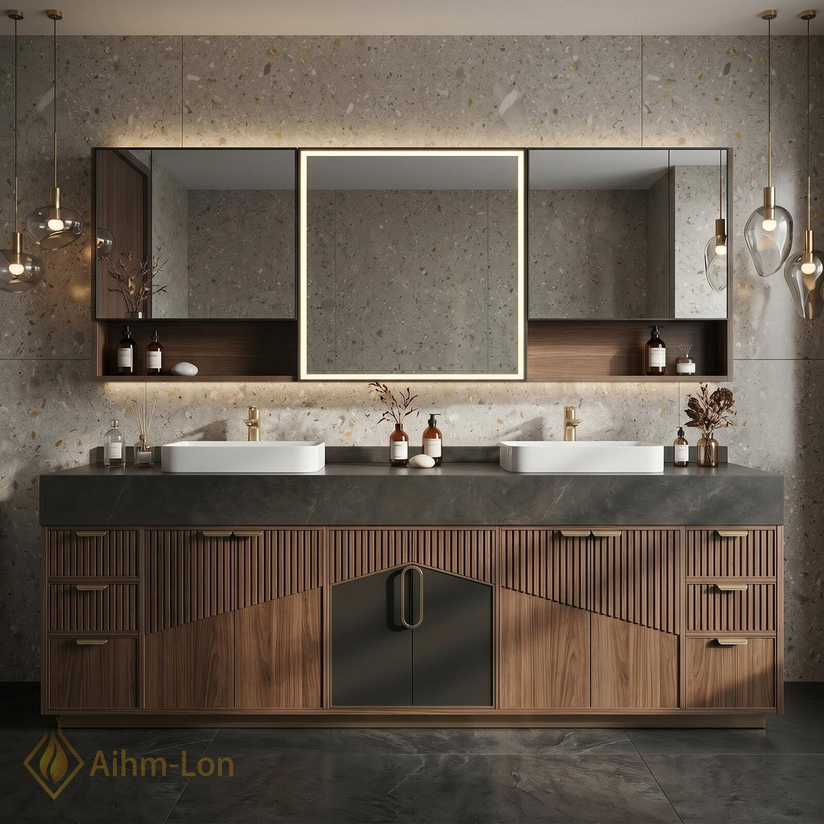 60''-96'' Double Bathroom Vanity with Sink Dark Stone Slatted Wood Panels Shelving