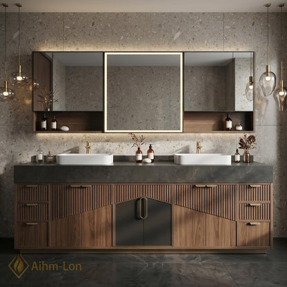 60''-96'' Double Bathroom Vanity with Sink Dark Stone Slatted Wood Panels Shelving