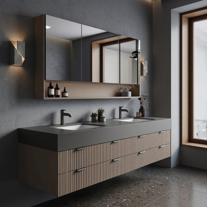 70''-96'' Modern Bathroom Vanity with Sink Floating Vertical Slatted Panels Open Shelf Cabinet