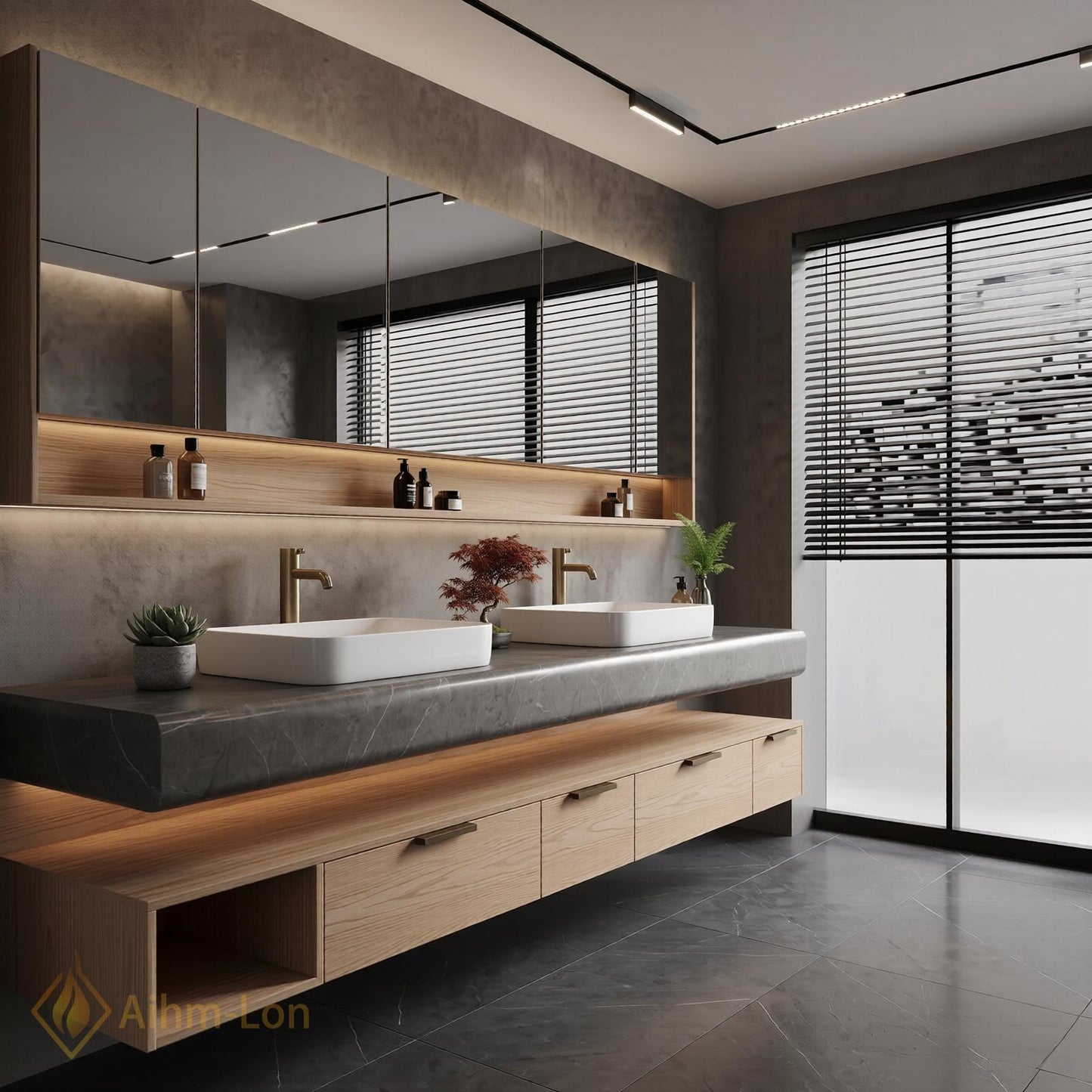 70''-96'' Double Bathroom Vanity with Sink Modern Floating Open Shelving Light Oak