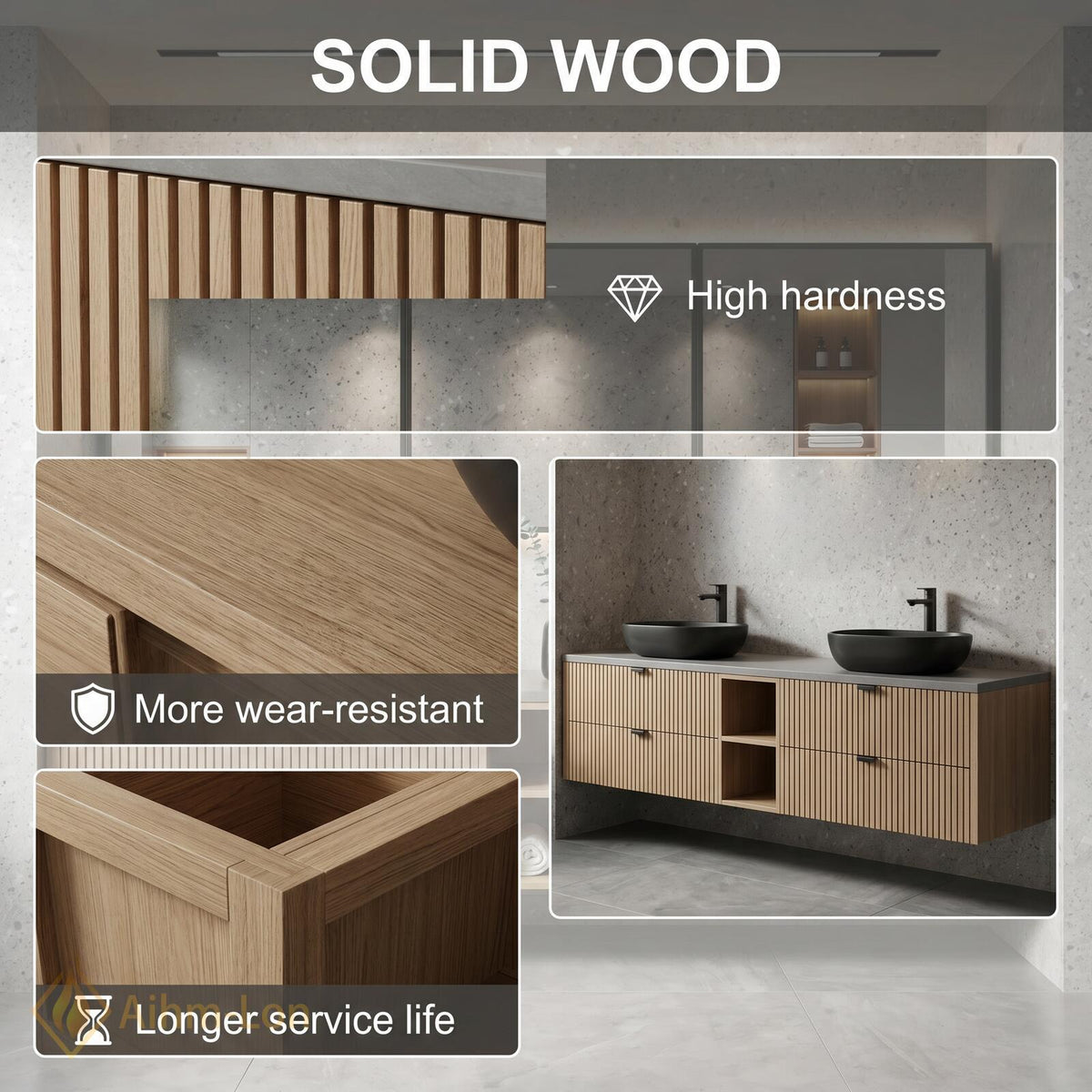 60''-96'' Double Bathroom Vanity with Sink Floating Double Slatted Wood Grey Center