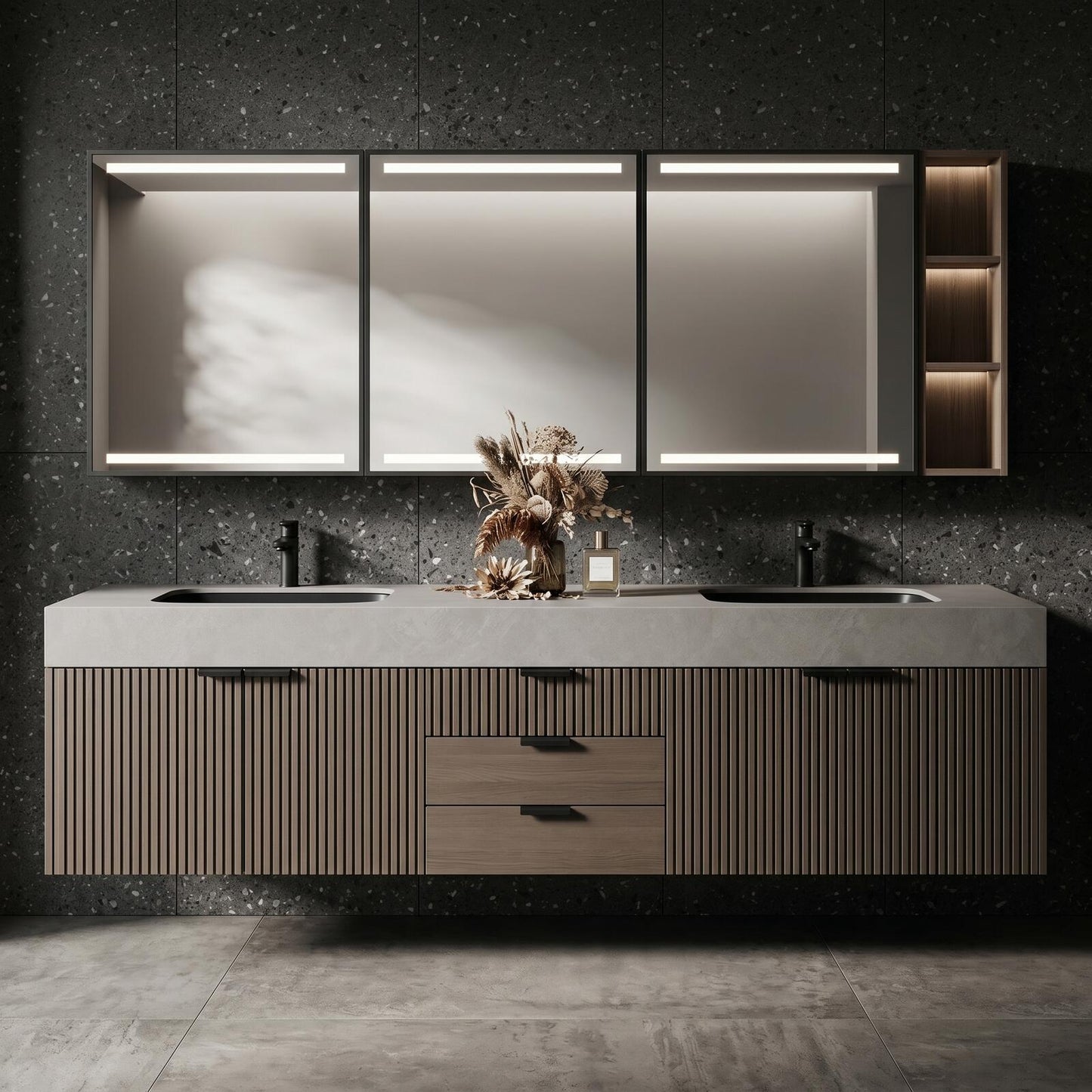 60''-96'' Modern Bathroom Vanity with Sink Double Sink Slatted Veneer Concrete Top Mirror Cabinet