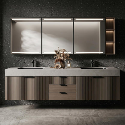 60''-96'' Modern Bathroom Vanity with Sink Double Sink Slatted Veneer Concrete Top Mirror Cabinet